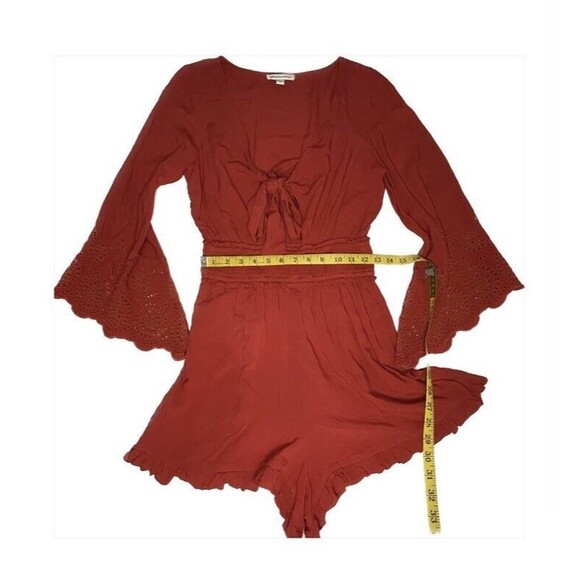 American Eagle Red Tie Front Bell Sleeve Romper Women’s Size Small - Picture 7 of 12